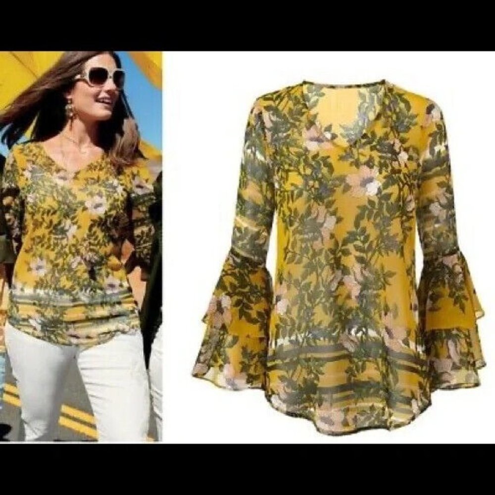 *Cabi #5518 Spring Scene Floral Mixed Print V-Neck Blouse Women M Mustard Yellow